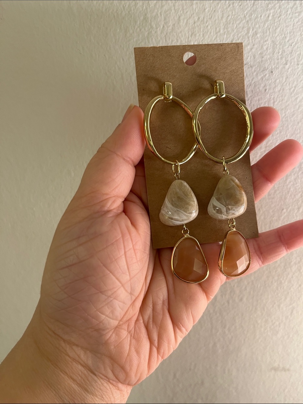 Gold Hoop Drop Earrings with Beige and Brown Stone Pendants